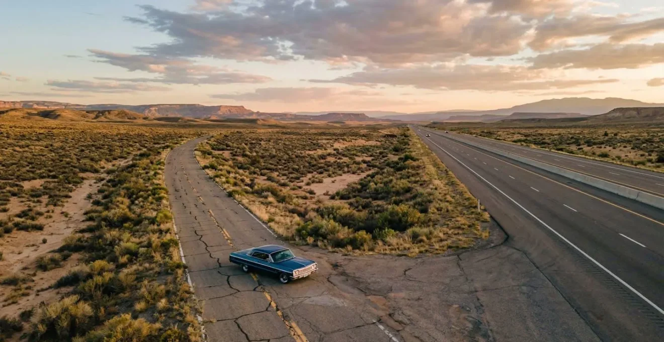 Vue aérienne d'une portion abandonnée de la Route 66 traversant le désert avec une voiture vintage arrêtée au carrefour