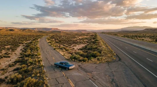 Vue aérienne d'une portion abandonnée de la Route 66 traversant le désert avec une voiture vintage arrêtée au carrefour