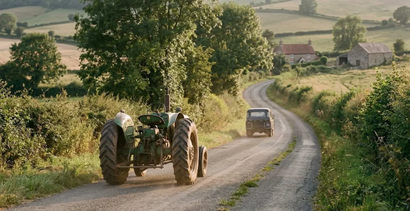 Vue arrière d'un tracteur sur une petite route de campagne bordée d'arbres avec une voiture patientant derrière
