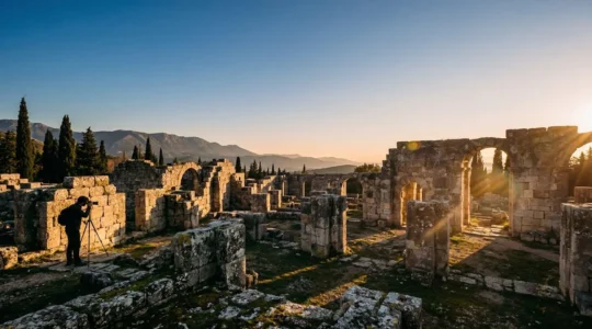 Photographe capturant les ruines antiques dorées par la lumière du coucher de soleil