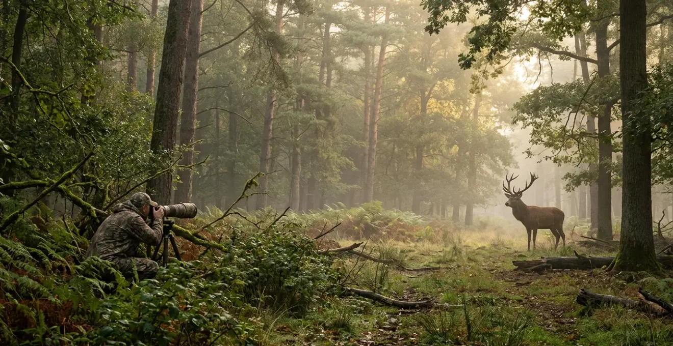 Photographe animalier camouflé observant un cerf dans une clairière forestière au lever du soleil