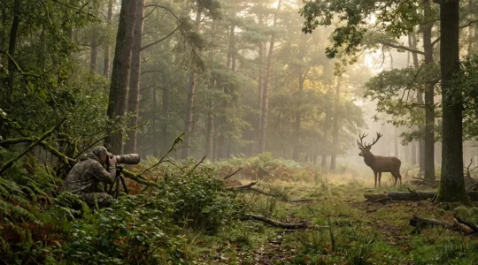 Photographe animalier camouflé observant un cerf dans une clairière forestière au lever du soleil