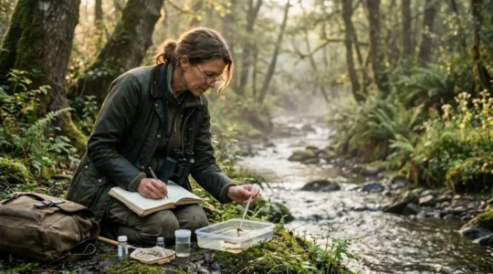 Chercheur amateur prenant des notes dans la nature lors d'une observation scientifique
