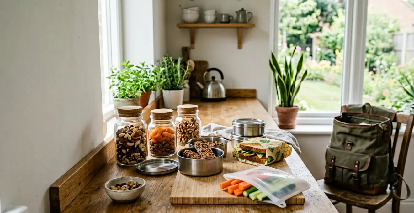 Préparation de snacks zéro déchet pour voyage dans une cuisine lumineuse