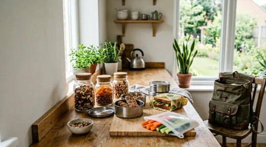 Préparation de snacks zéro déchet pour voyage dans une cuisine lumineuse