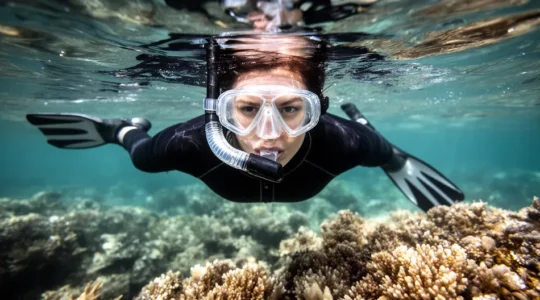 Plongeur en snorkeling avec masque parfaitement transparent explorant un récif corallien coloré