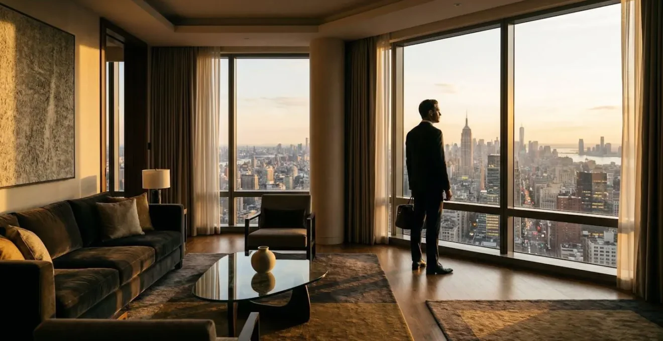 Vue intérieure d'une suite d'hôtel luxueuse avec une personne élégante près de grandes fenêtres donnant sur une ville