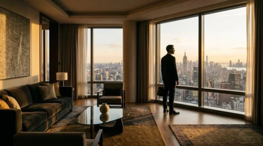 Vue intérieure d'une suite d'hôtel luxueuse avec une personne élégante près de grandes fenêtres donnant sur une ville