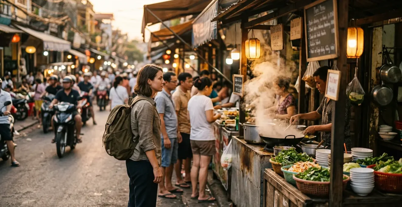Scène de marché de rue animé avec touriste observant les locaux commander