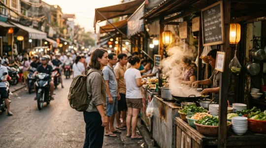 Scène de marché de rue animé avec touriste observant les locaux commander