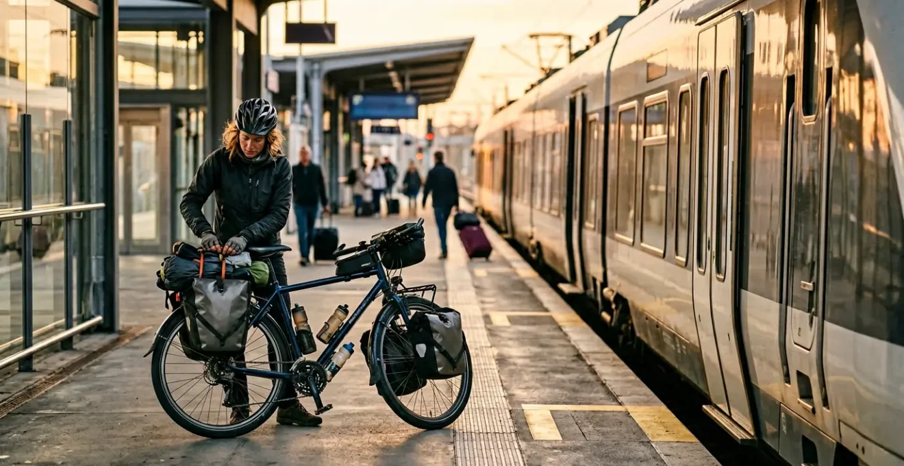 Cycliste préparant son vélo sur un quai de gare avec un train en arrière-plan