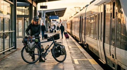 Cycliste préparant son vélo sur un quai de gare avec un train en arrière-plan