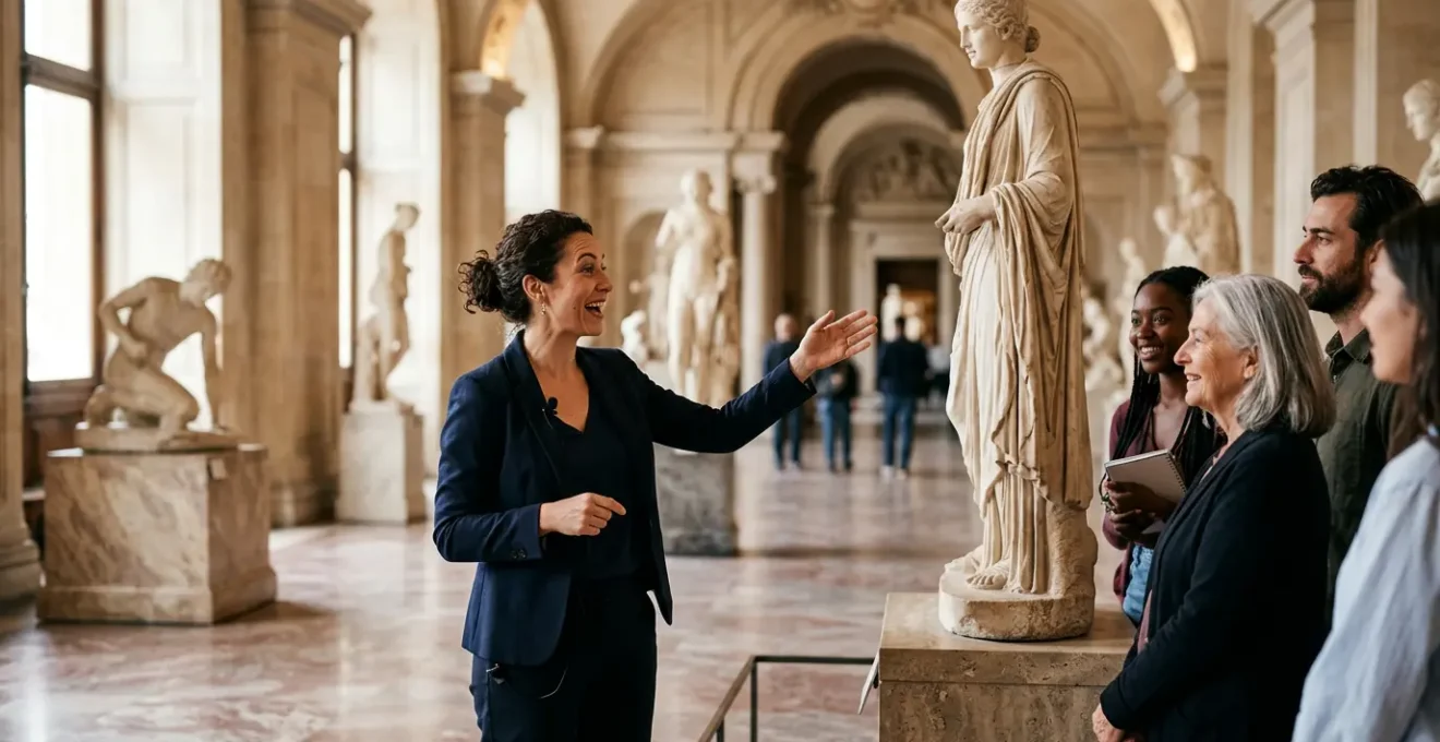 Visiteurs écoutant attentivement un guide dans une galerie de musée, ambiance lumineuse et contemplative