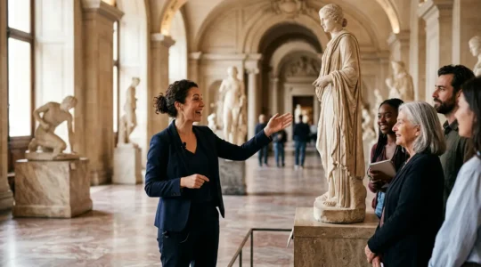 Visiteurs écoutant attentivement un guide dans une galerie de musée, ambiance lumineuse et contemplative