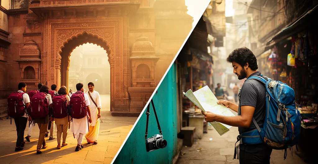 Voyageur contemplant le Taj Mahal au lever du soleil avec un groupe de touristes d'un côté et un voyageur solo de l'autre