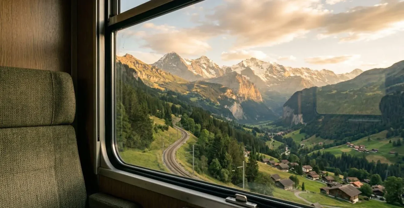 Vue panoramique depuis une fenêtre de train traversant les Alpes européennes avec des montagnes enneigées et des vallées verdoyantes