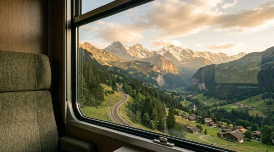 Vue panoramique depuis une fenêtre de train traversant les Alpes européennes avec des montagnes enneigées et des vallées verdoyantes