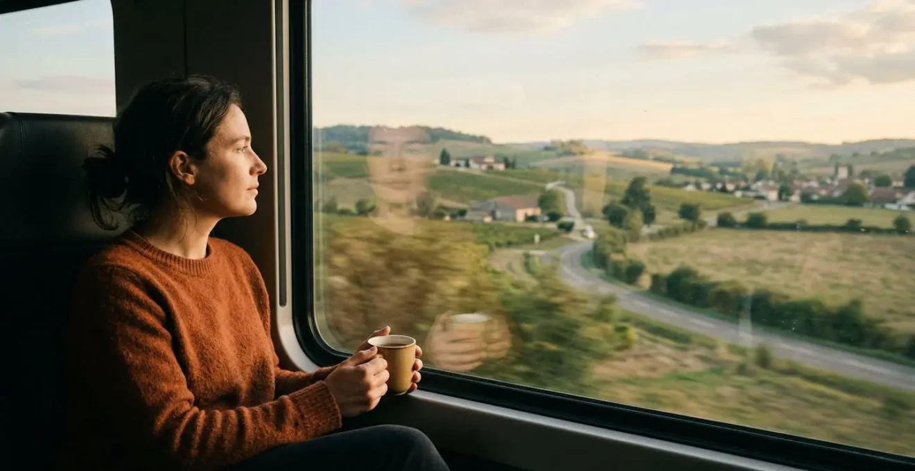 Personne sereine contemplant le paysage défilant depuis la fenêtre d'un train régional