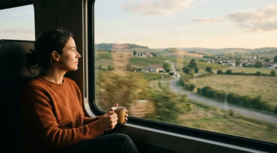 Personne sereine contemplant le paysage défilant depuis la fenêtre d'un train régional