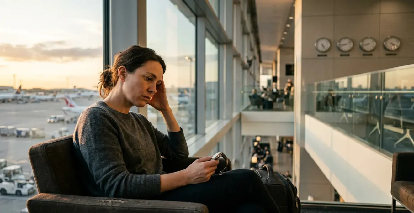 Un voyageur fatigué dans un aéroport moderne regarde par la fenêtre les avions sur le tarmac