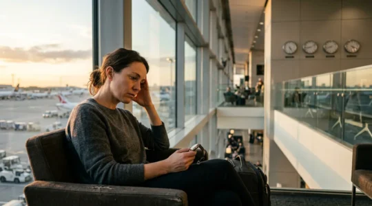 Un voyageur fatigué dans un aéroport moderne regarde par la fenêtre les avions sur le tarmac