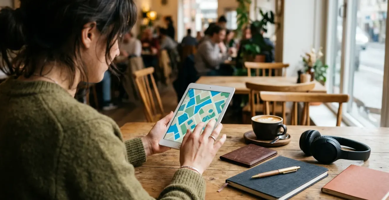 Un voyageur consulte une carte numérique sur tablette dans un café avec des carnets de notes et une tasse de café