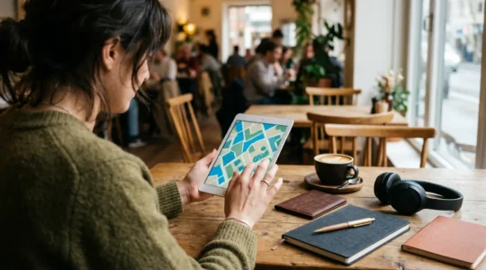 Un voyageur consulte une carte numérique sur tablette dans un café avec des carnets de notes et une tasse de café