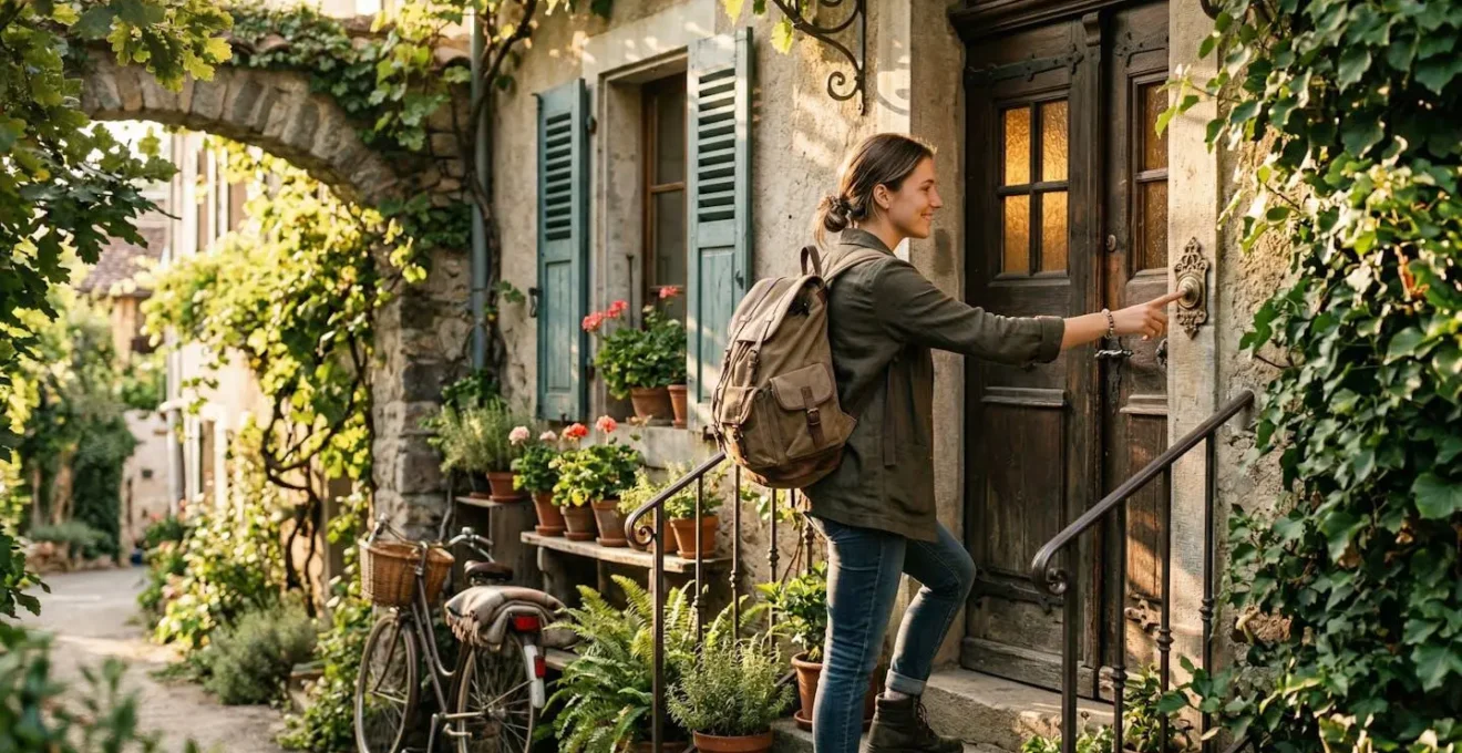Un voyageur solo devant une porte d'entrée chaleureuse avec ses bagages, symbolisant l'arrivée chez l'habitant en toute sécurité