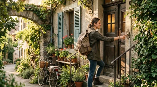 Un voyageur solo devant une porte d'entrée chaleureuse avec ses bagages, symbolisant l'arrivée chez l'habitant en toute sécurité