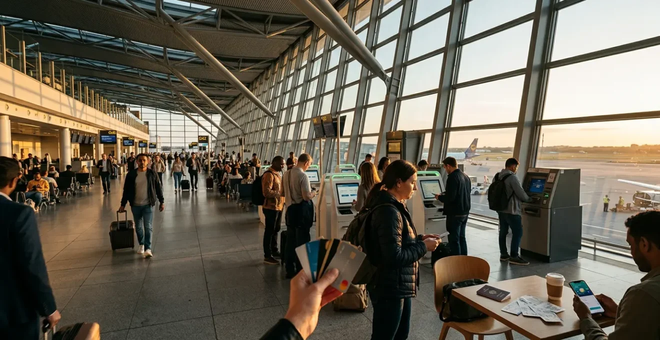 Voyageurs dans un aéroport moderne utilisant stratégiquement leurs cartes bancaires pour économiser sur les frais internationaux