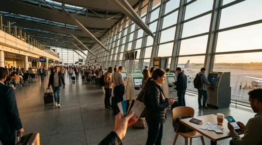 Voyageurs dans un aéroport moderne utilisant stratégiquement leurs cartes bancaires pour économiser sur les frais internationaux