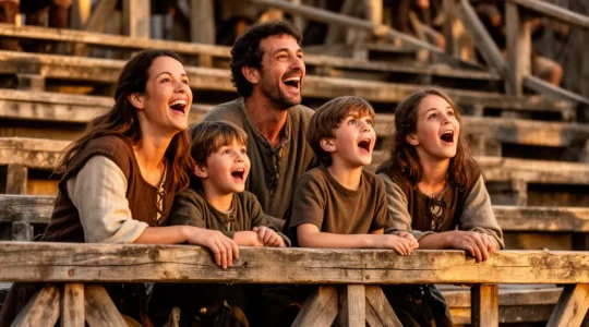 Famille découvrant le Puy du Fou dans une ambiance médiévale avec spectacle en arrière-plan