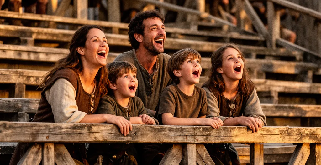 Famille découvrant le Puy du Fou dans une ambiance médiévale avec spectacle en arrière-plan