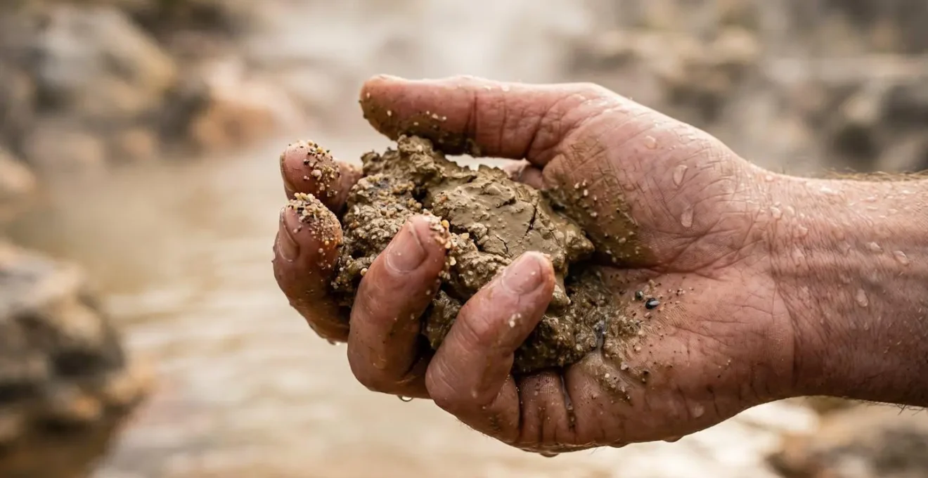 Gros plan sur des mains utilisant du sable fin et de l'argile naturelle près d'une source chaude