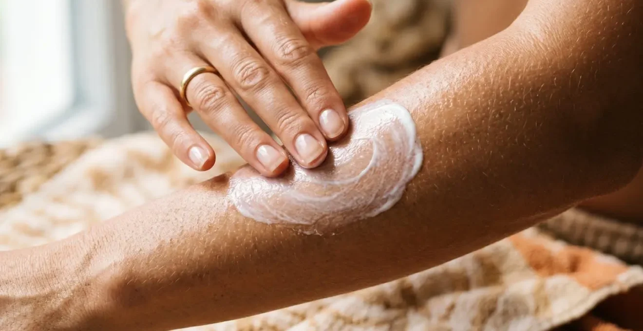 Gros plan sur une main appliquant de la crème solaire sur un avant-bras bronzé avec technique de massage circulaire