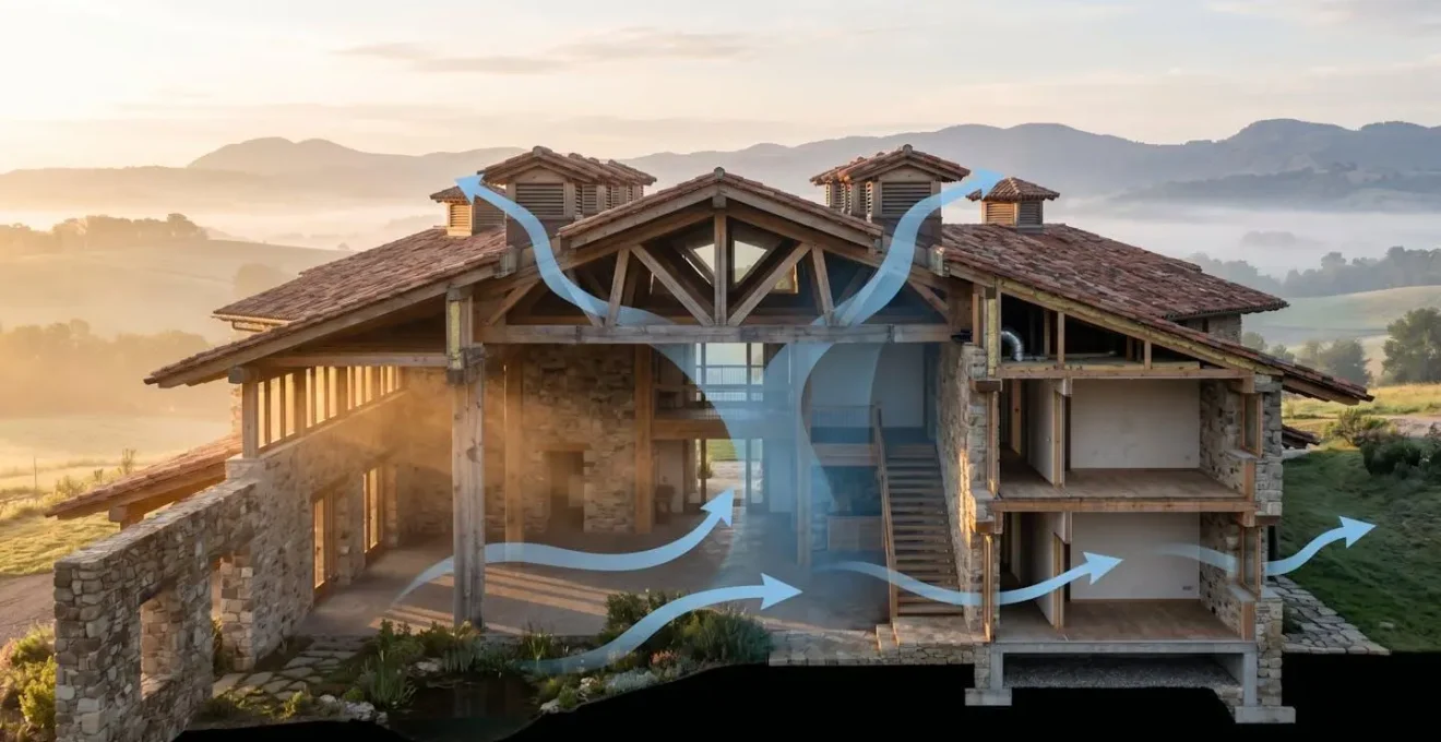 Coupe transversale d'un bâtiment montrant la circulation naturelle de l'air frais