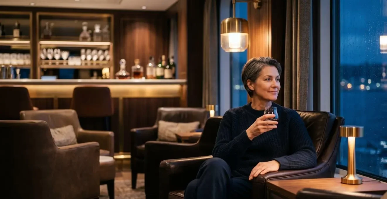 Vue intérieure d'un bar lounge premium peu fréquenté sur un navire de croisière avec ambiance feutrée