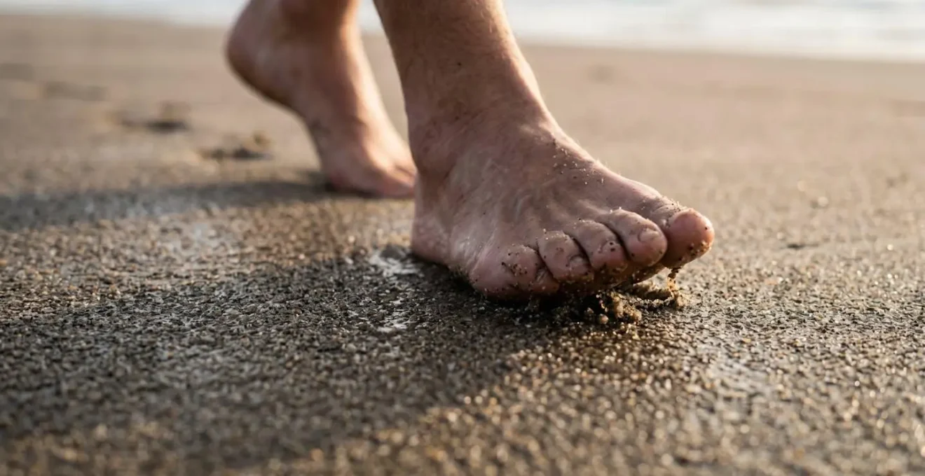 Gros plan sur les pieds d'un randonneur marchant sur sable mouillé compact