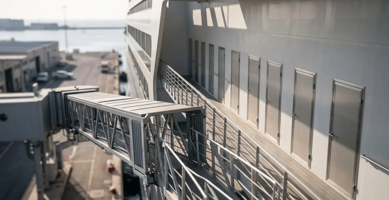 Plan architectural montrant l'emplacement stratégique d'une cabine proche des passerelles de débarquement sur un navire