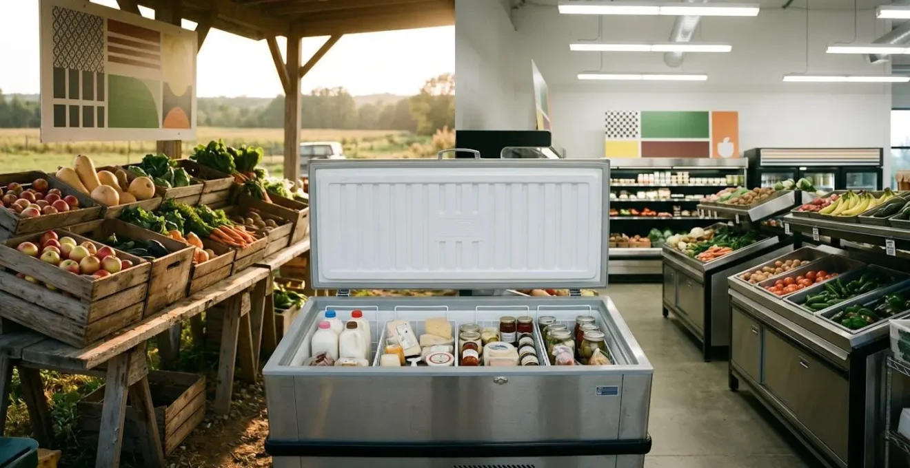 Vue comparative d'un étal de ferme et d'une boutique avec glacière au premier plan