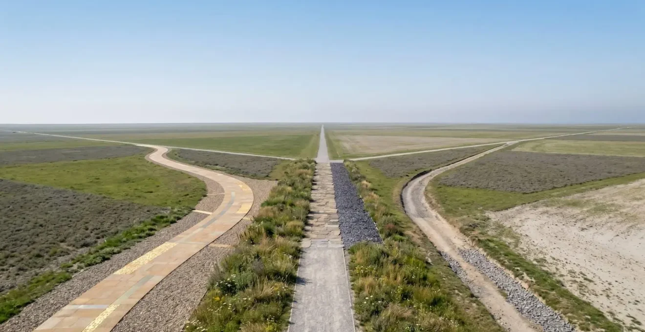 Vue aérienne de trois chemins divergents dans un paysage naturel
