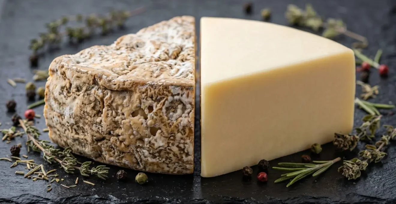 Comparaison macro de la texture d'un fromage artisanal AOP et d'un fromage industriel lisse