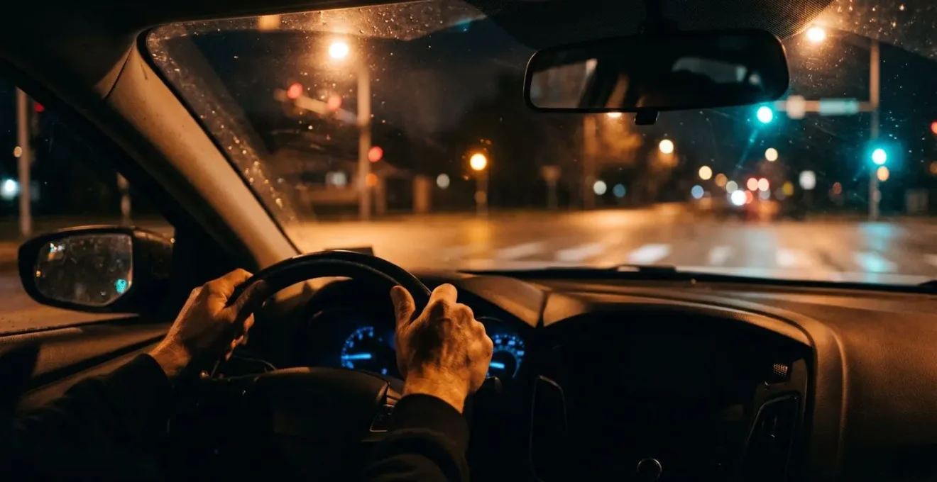 Vue depuis l'intérieur d'une voiture approchant d'une intersection la nuit avec éclairage urbain
