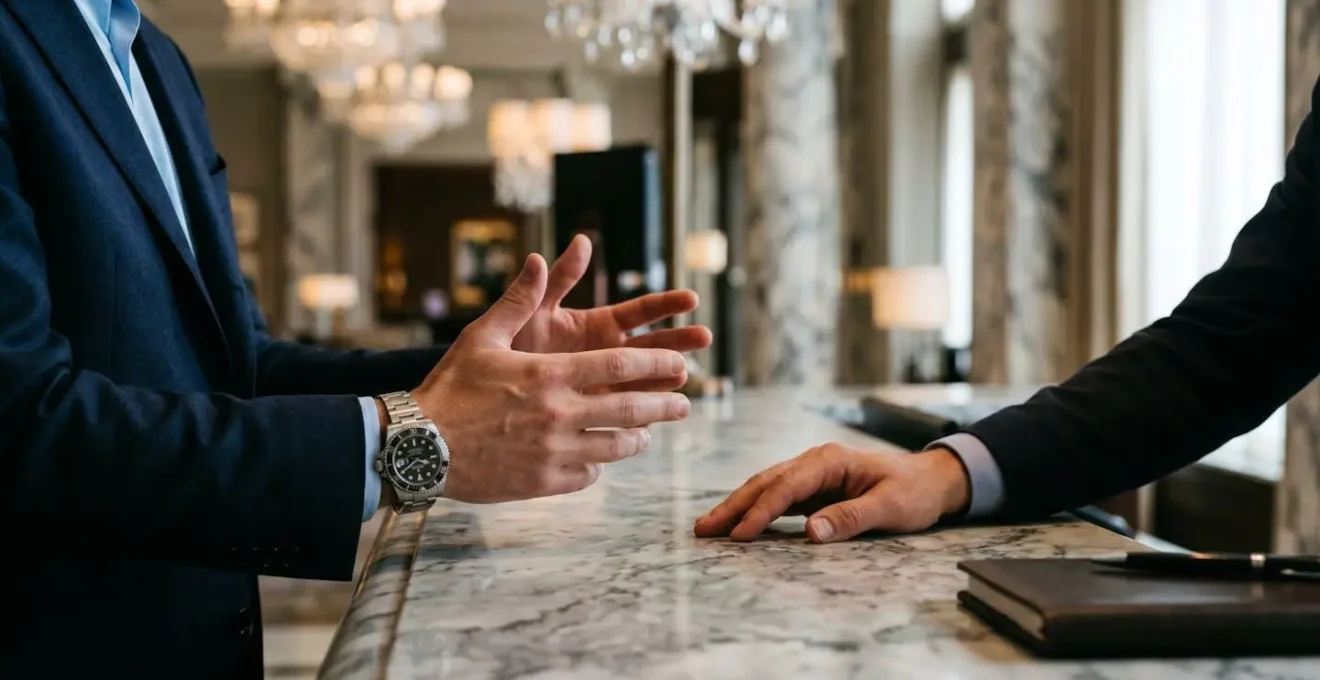 Échange discret entre un client et le responsable d'un hôtel de luxe dans un lobby élégant