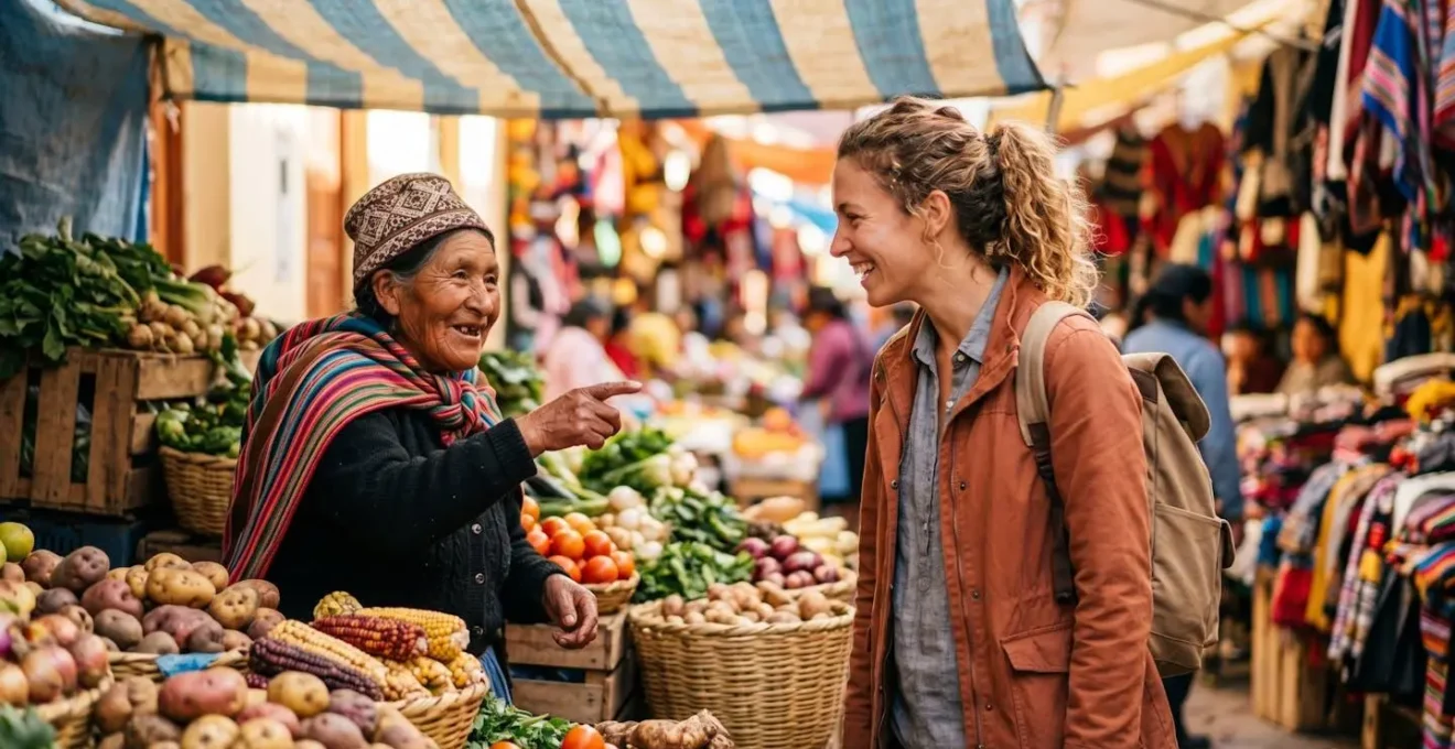 Voyageur en discussion animée avec un commerçant sur un marché traditionnel pour trouver un restaurant authentique