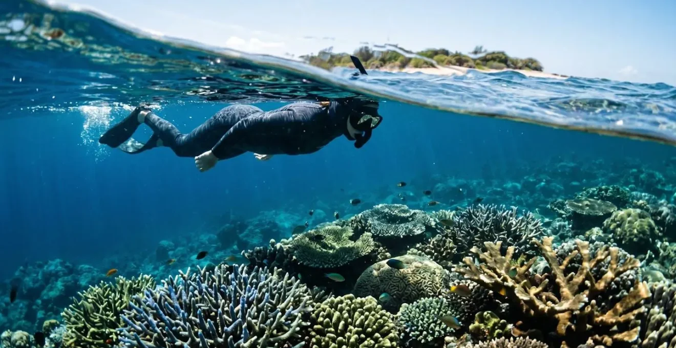 Plongeur portant un vêtement anti-UV à manches longues observant des coraux colorés sous l'eau cristalline