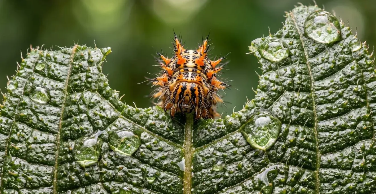 Macro photographie d'une plante endémique avec un insecte spécialisé se nourrissant de ses feuilles