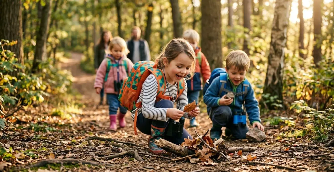 Enfants équipés de petits sacs à dos et jumelles explorant un sentier forestier avec enthousiasme
