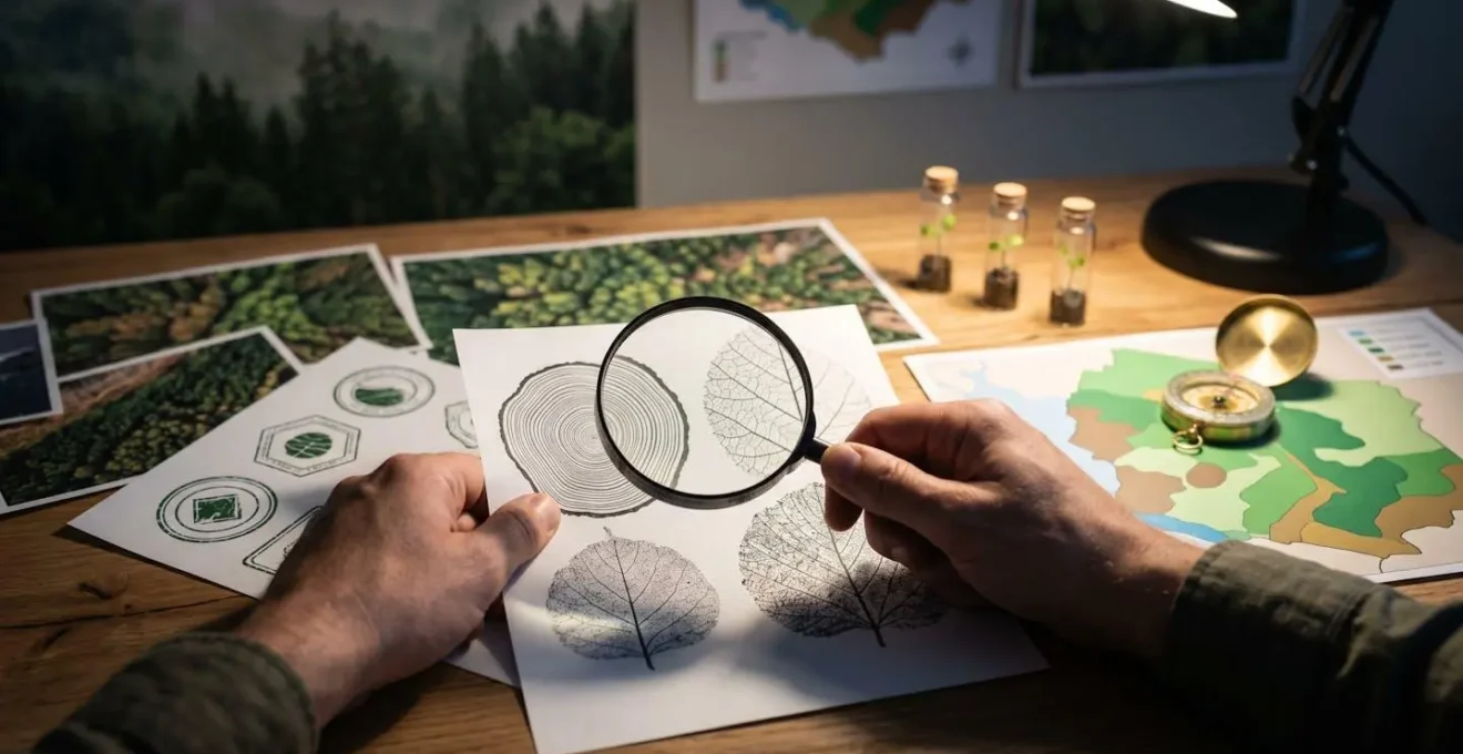 Main analysant des documents de certification forestière avec loupe, cartes et photos de terrain