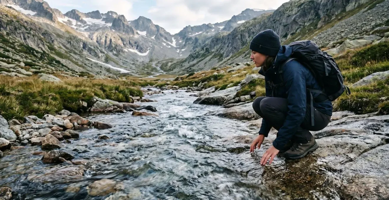 Randonneur évaluant la sécurité d'une source d'eau en montagne